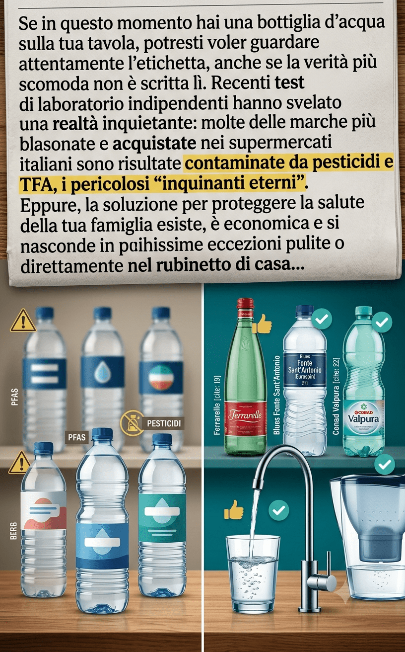Infografica verticale che confronta marche di acqua in bottiglia contaminate da PFAS e pesticidi con fonti pulite e sicure come Ferrarelle, Conad Valpura ed Eurospin.