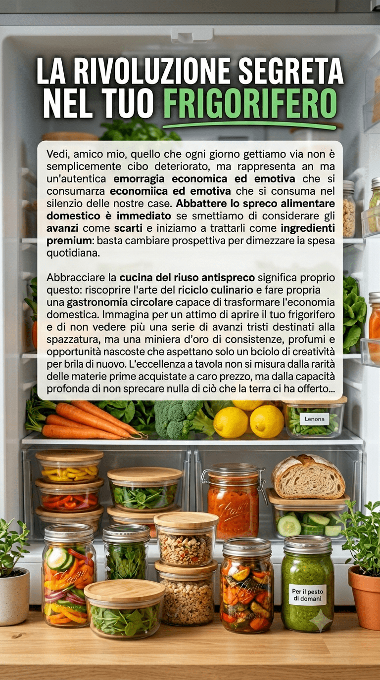 Un frigorifero aperto e organizzato con barattoli di vetro ricchi di avanzi vegetali, salse e ingredienti freschi, esempio pratico di cucina del riuso antispreco.