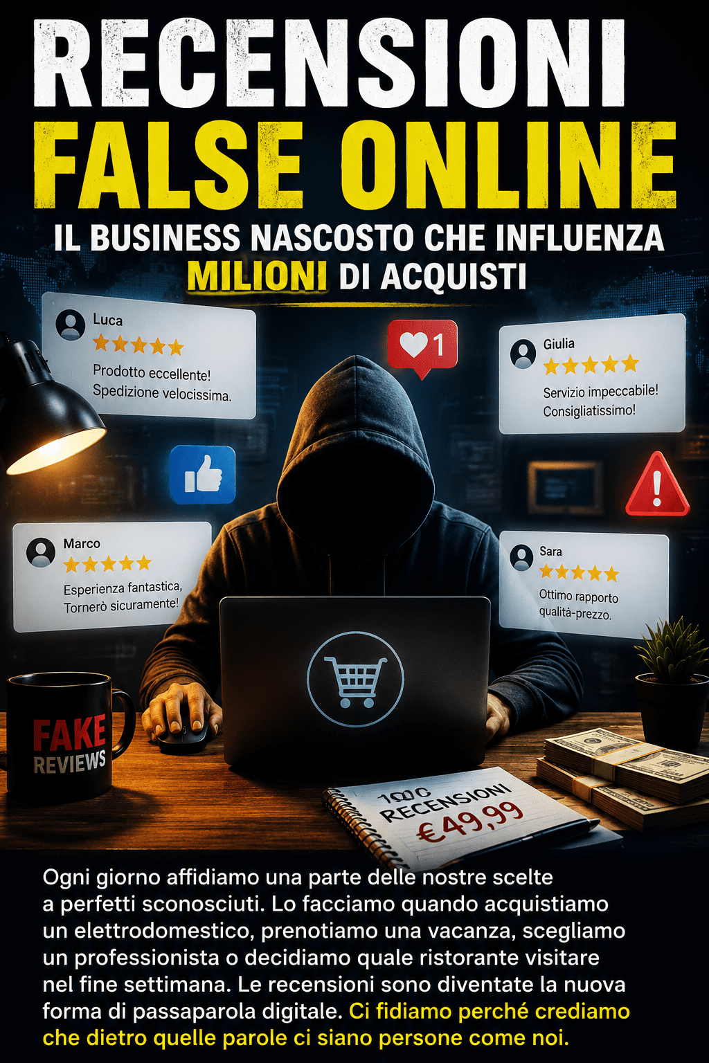 Recensioni false online: illustrazione del mercato nascosto che influenza milioni di acquisti attraverso recensioni manipolate e reputazione digitale.