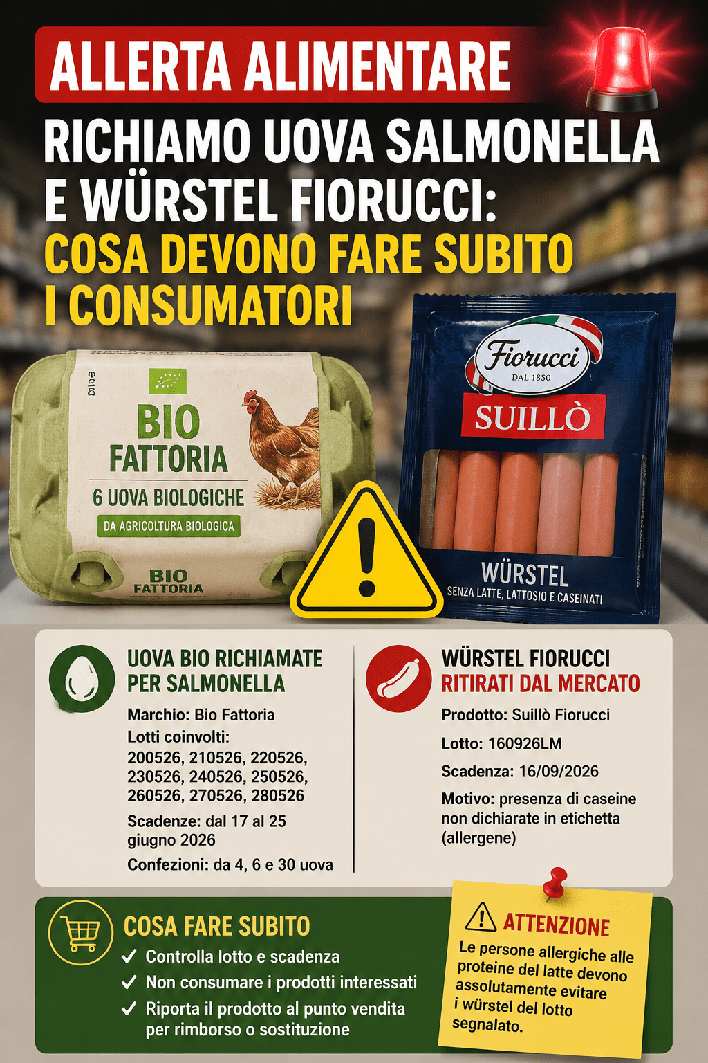 Grafica informativa sul richiamo alimentare di uova biologiche per rischio Salmonella e würstel Fiorucci ritirati dal mercato per allergeni non dichiarati.