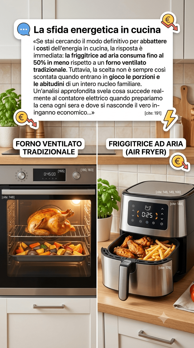 Infografica comparativa verticale che mostra un pollo intero in cottura dentro un forno ventilato tradizionale a sinistra e alette di pollo con patatine fritte in una friggitrice ad aria a destra, con grafiche sul risparmio energetico.
