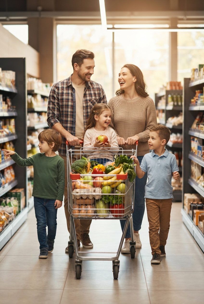 Famiglia sorridente con tre figli spinge un carrello pieno di frutta e verdura fresca lungo le corsie di un supermercato.